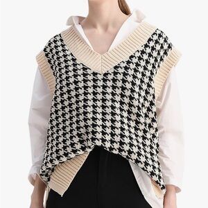 Black and Cream Oversized Houndstooth Sweater Vest